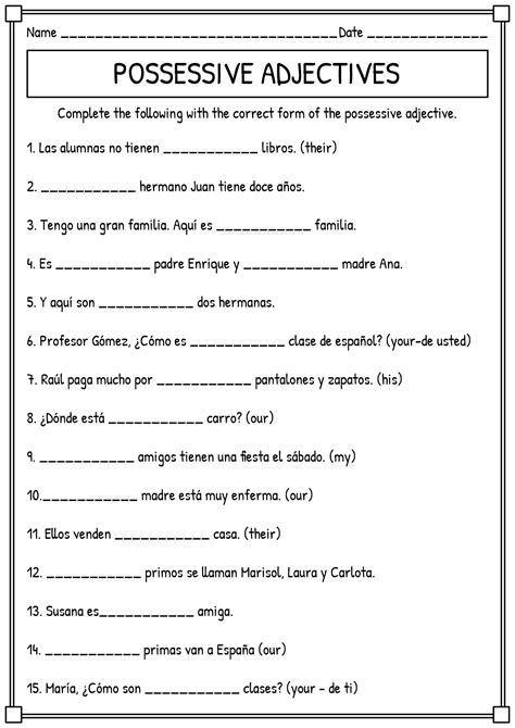 worksheet 2 possessive adjectives spanish answers
